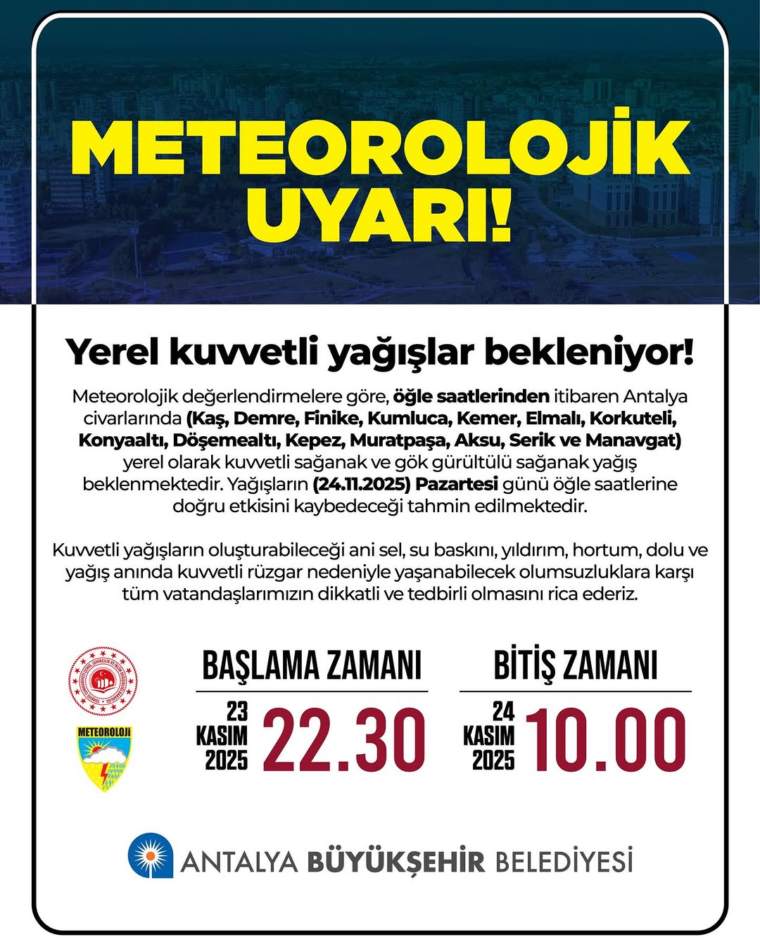 Antalya Büyükşehir Belediyesi'nden Meteorolojik Uyarı