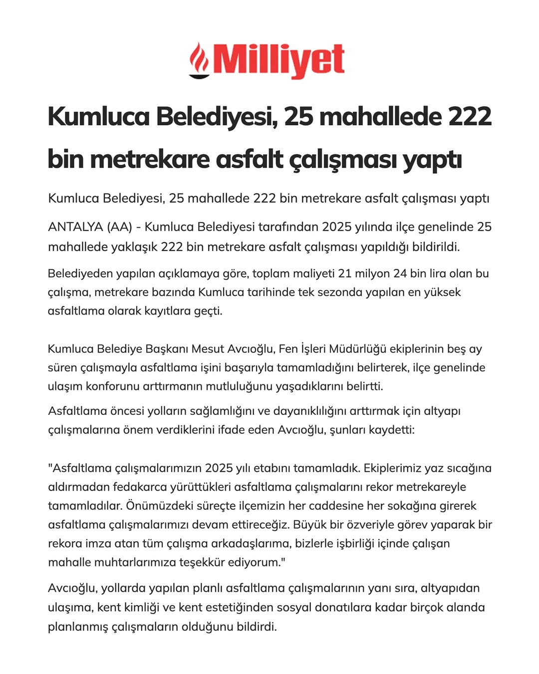 Kumluca Belediyesi 2025 Yılında Rekor Asfaltlama Çalışması Gerçekleştirdi