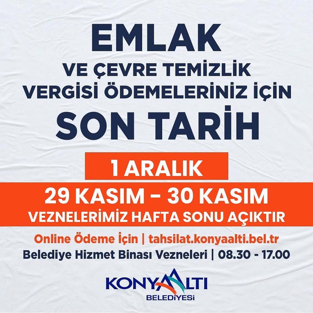 Konyaaltı'nda Emlak ve Çevre Temizlik Vergisi Son Ödeme Tarihi 1 Aralık
