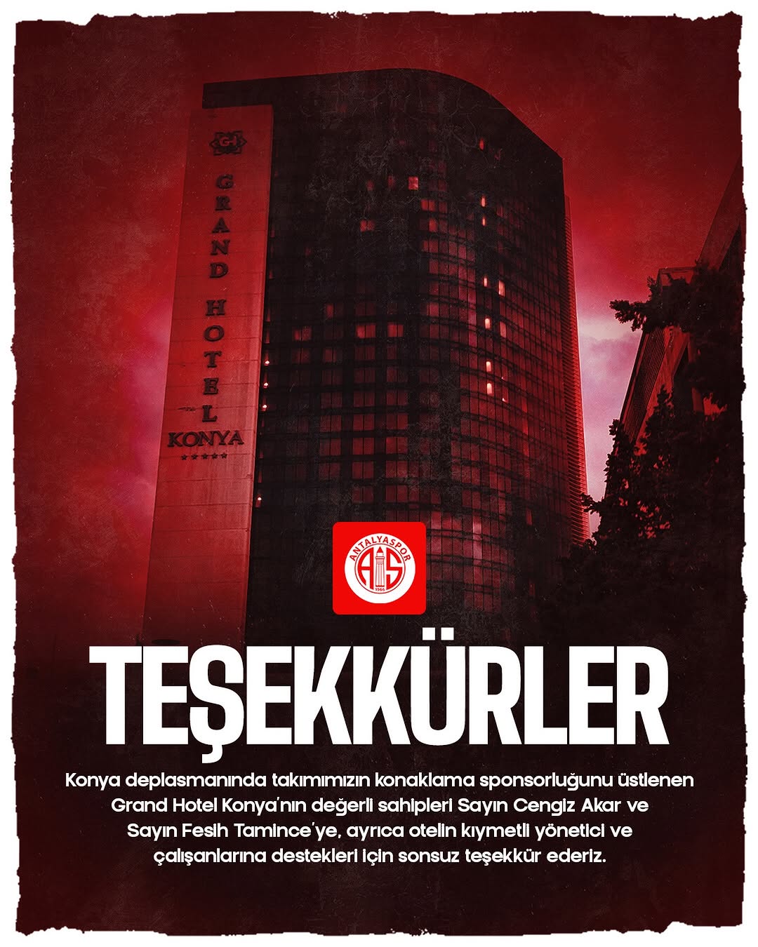 Antalyaspor, Konya Deplasmanında Grand Hotel Konya'ya Teşekkür Etti