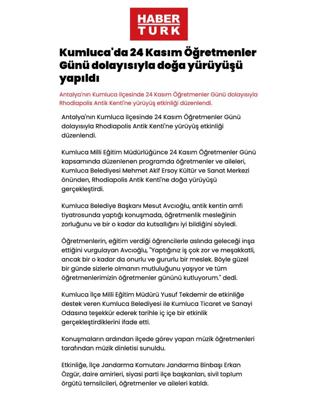 Kumluca'da Öğretmenler Günü Rhodiapolis Antik Kenti'nde Kutlandı