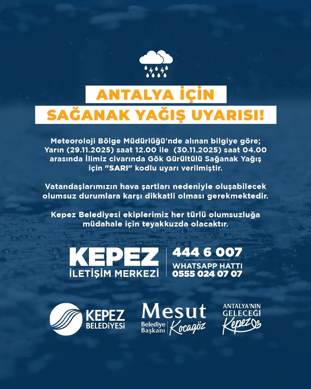 Antalya'da Sarı Kodlu Sağanak Yağış Uyarısı: Kepez Belediyesi Alarmda