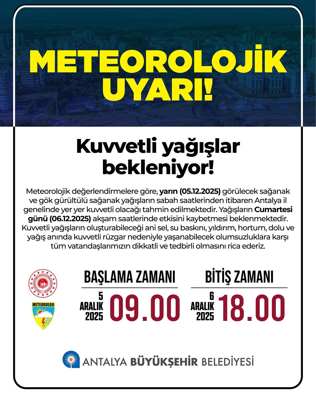 Antalya Büyükşehir Belediyesi'nden Meteorolojik Uyarı
