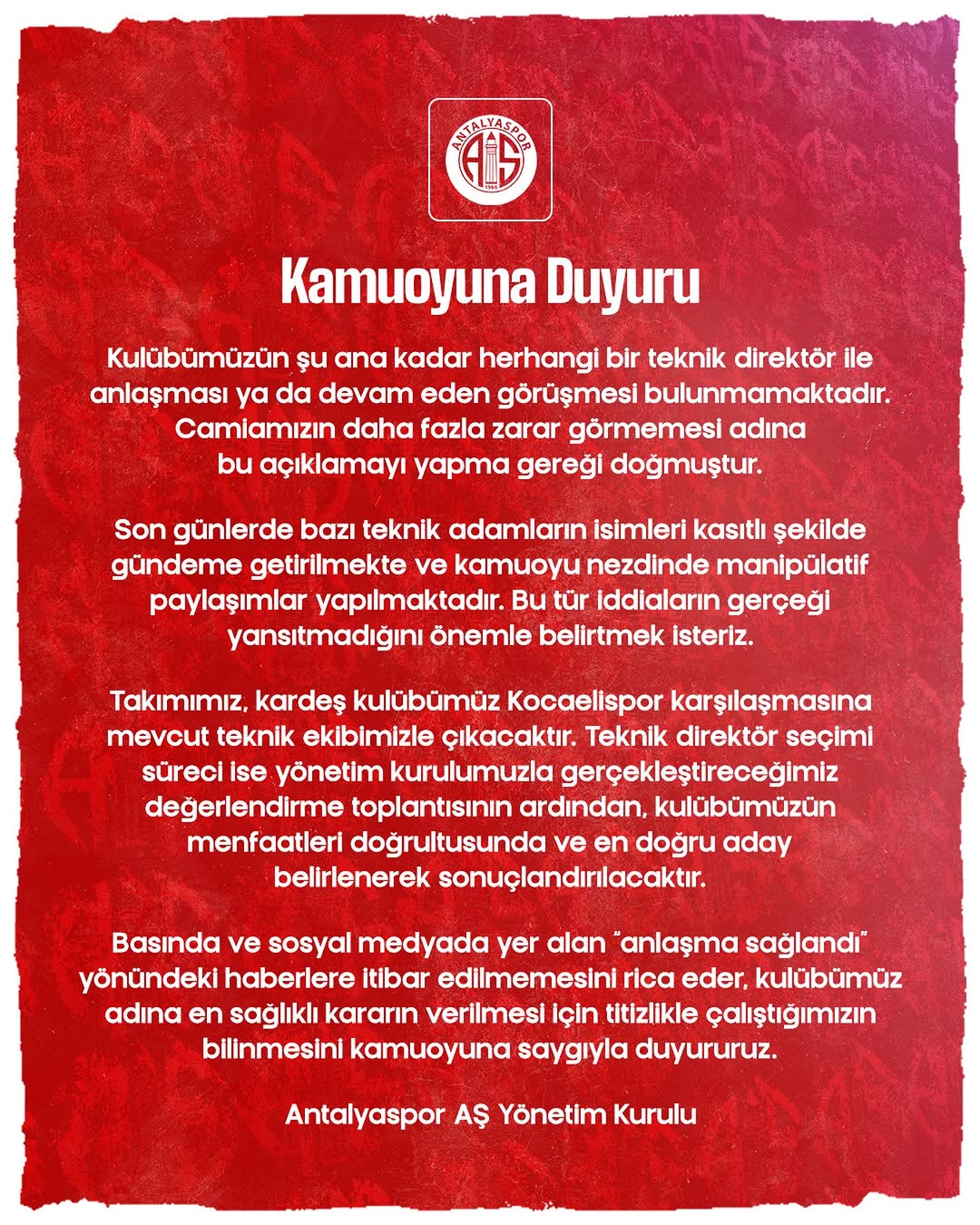 Antalyaspor'dan Teknik Direktör Açıklaması: