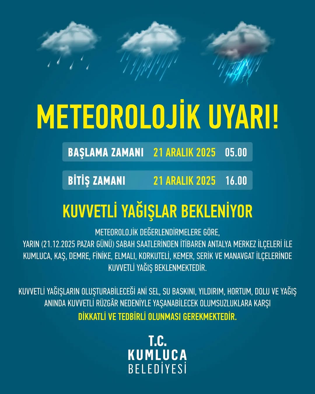 Antalya ve İlçelerinde Yarın Kuvvetli Yağış Uyarısı