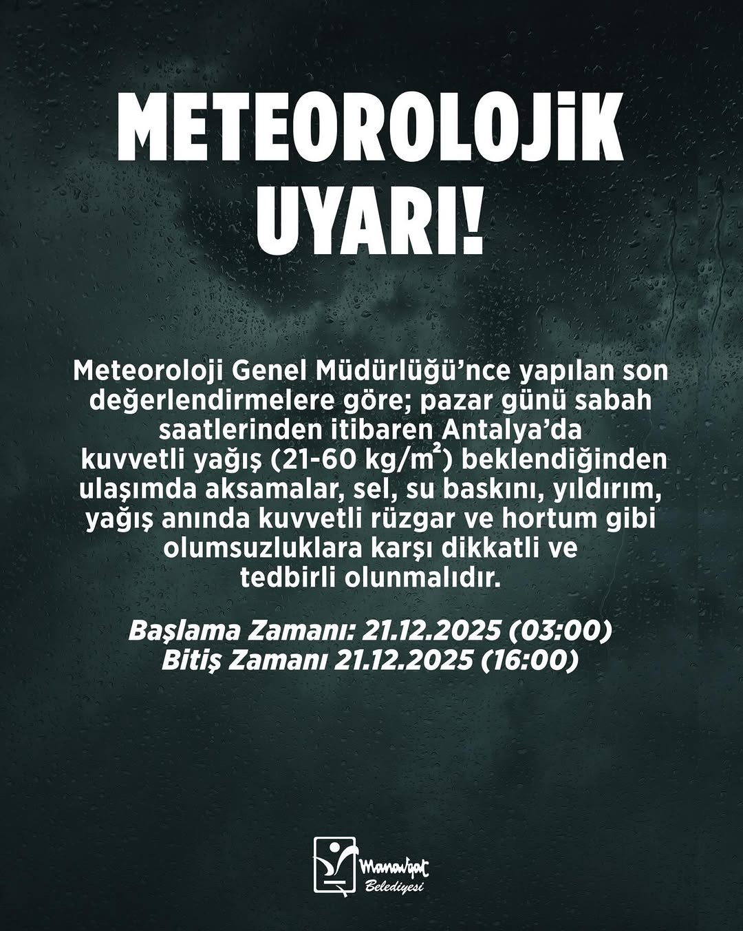 Manavgat'ta Pazar Günü Kuvvetli Yağış Bekleniyor