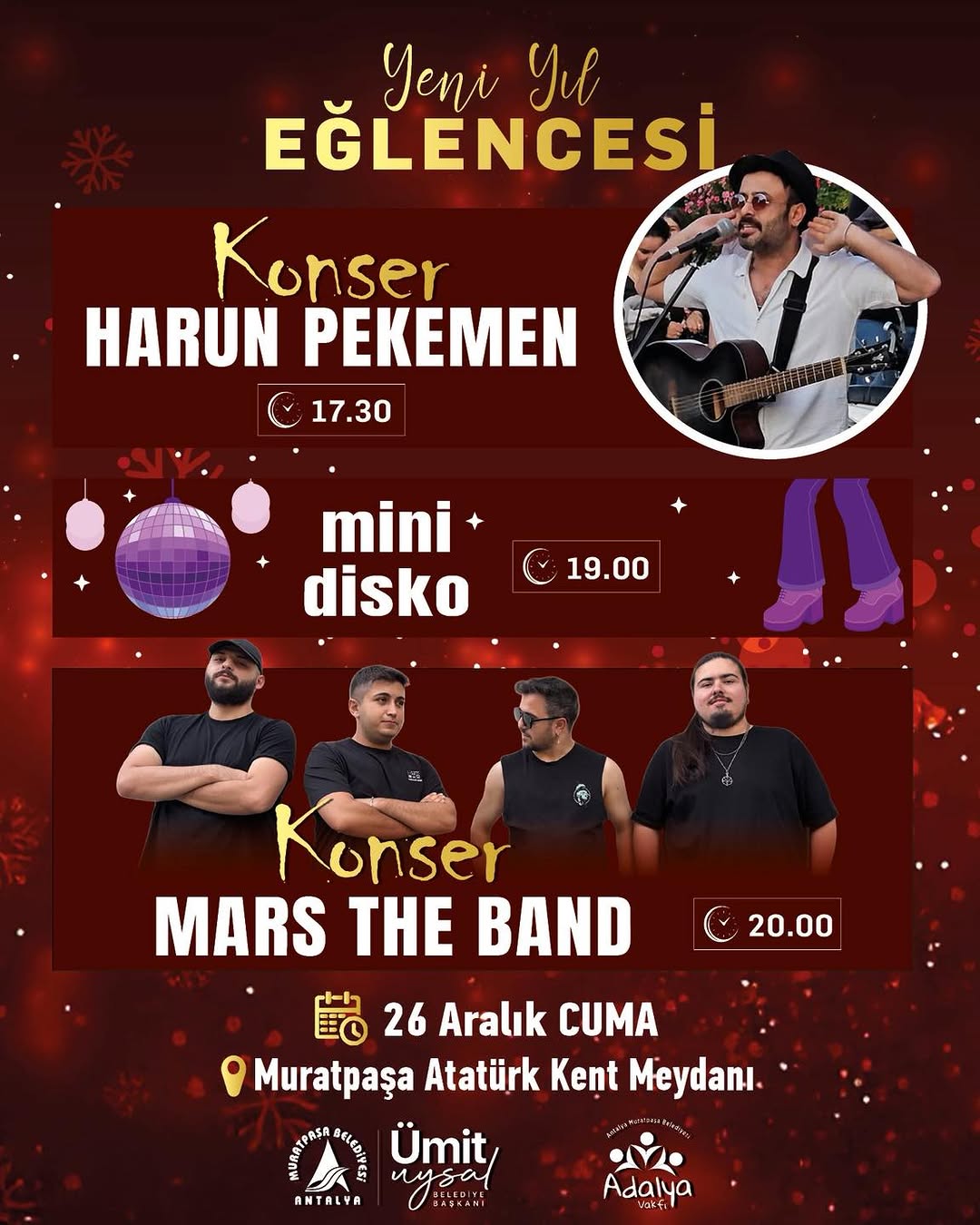 Antalya Muratpaşa'da Yılbaşı Konserleri: Harun Pekemen ve Mars The Band Sahne Alacak