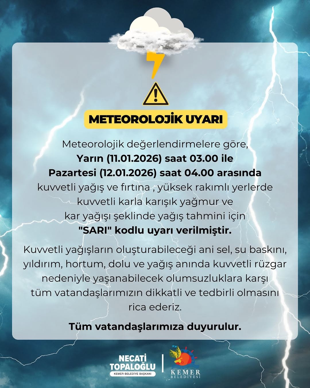 Antalya Kemer'de Kuvvetli Yağış ve Fırtına Uyarısı: 