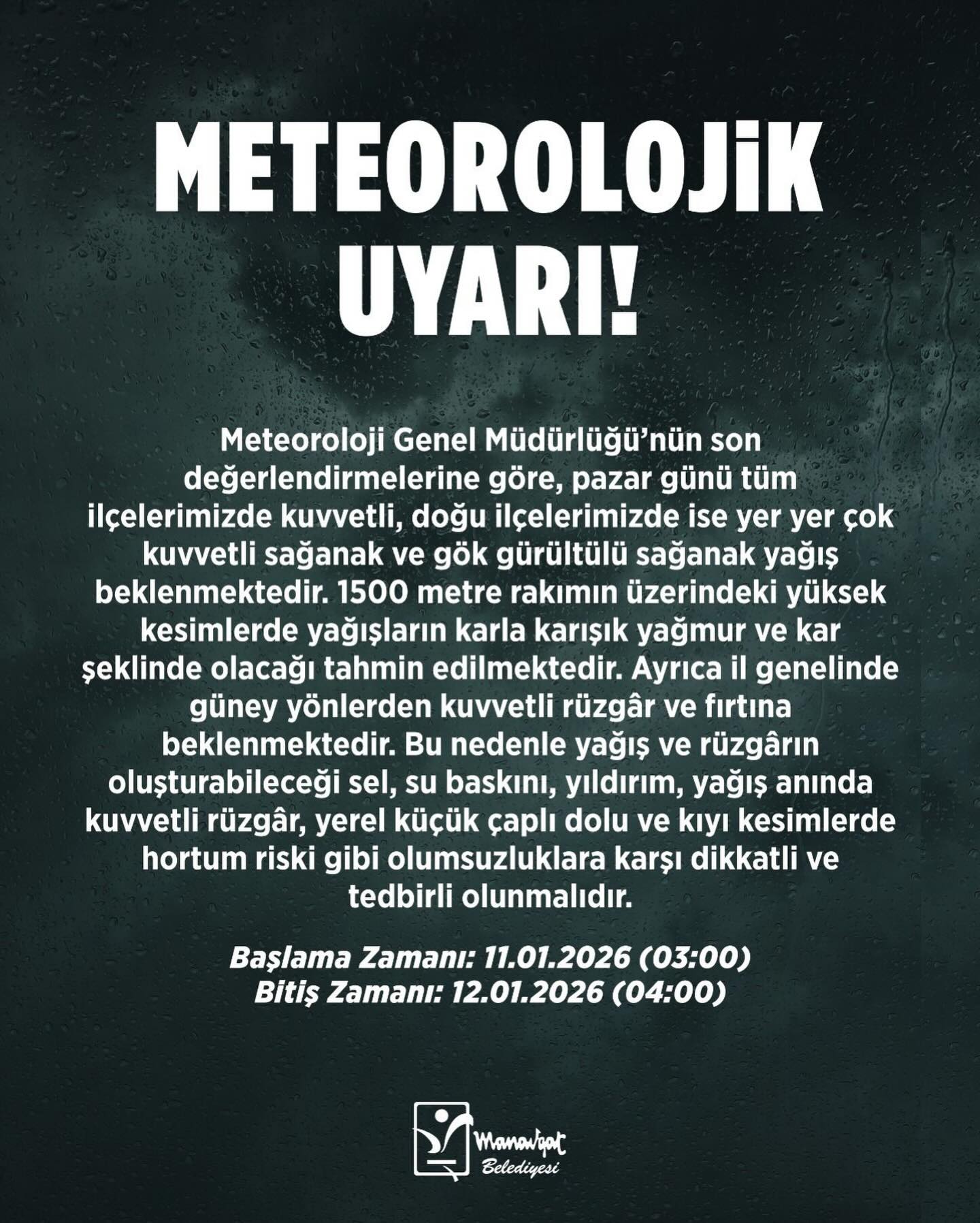Manavgat'ta Pazar Gününe Kritik Hava Uyarısı: Şiddetli Sağanak ve Fırtına Bekleniyor