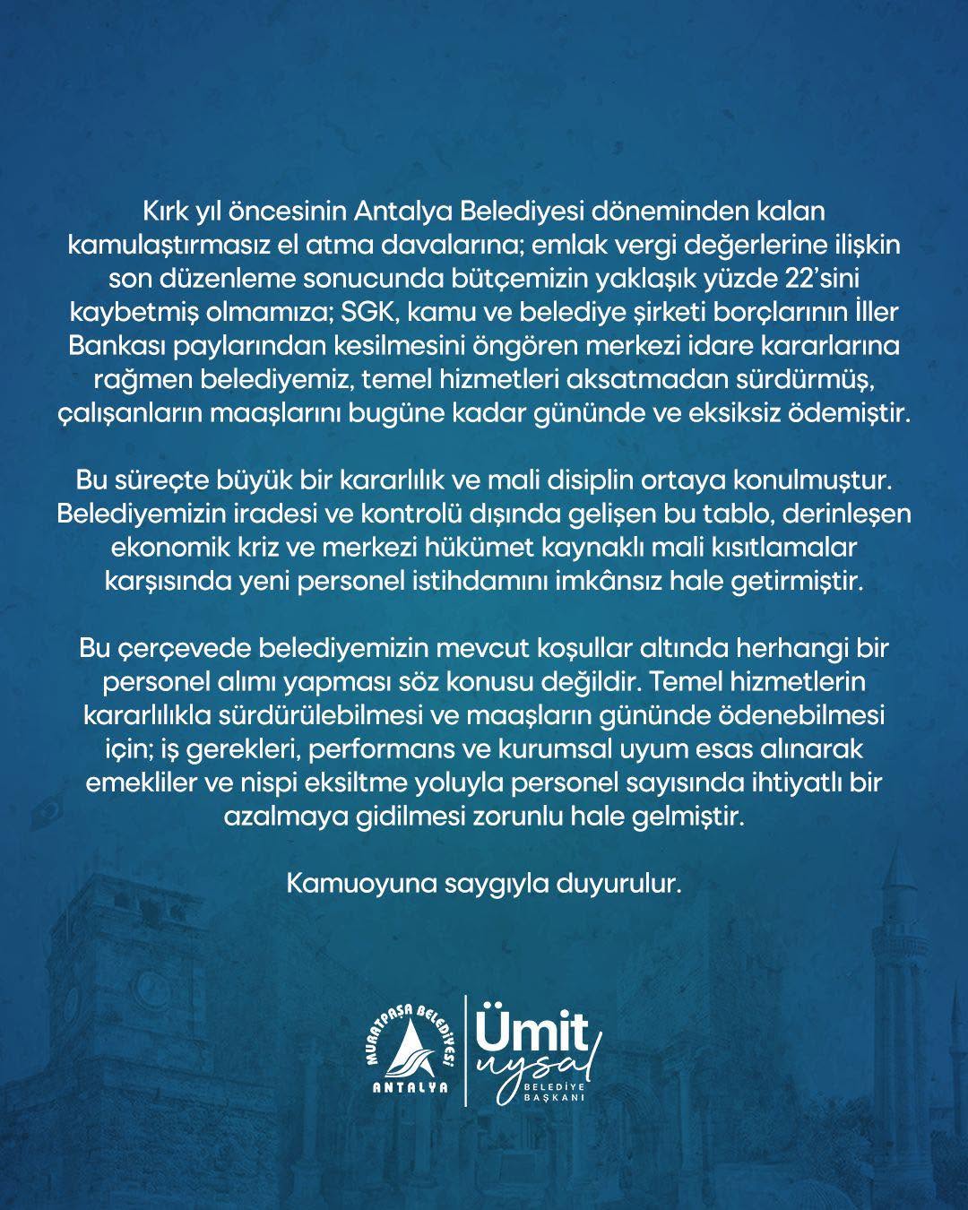 Muratpaşa Belediyesi Personel Alımı Yapamayacağını Açıkladı