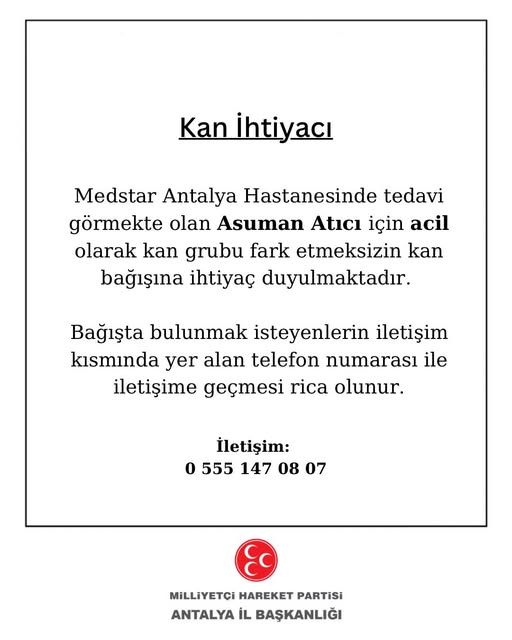 Antalya'da Acil Kan Bağışı İhtiyacı Duyuluyor