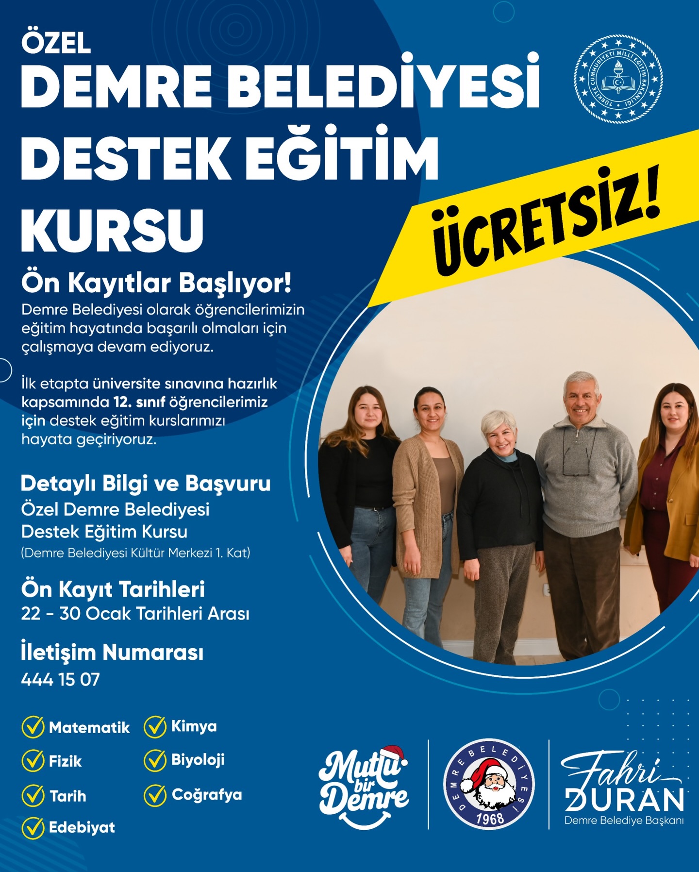 Demre Belediyesi'nden Üniversite Adaylarına Ücretsiz Destek Eğitim Kursu