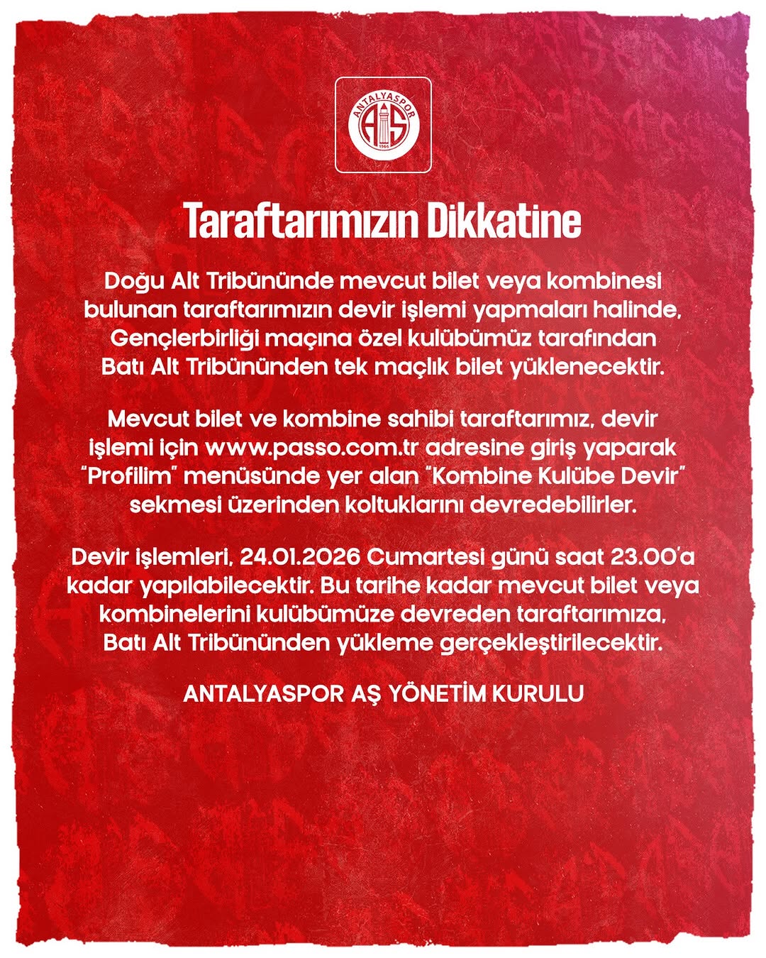 Antalyaspor Taraftarlarına Özel Kombine Devir ve Bilet Hediye Duyurusu