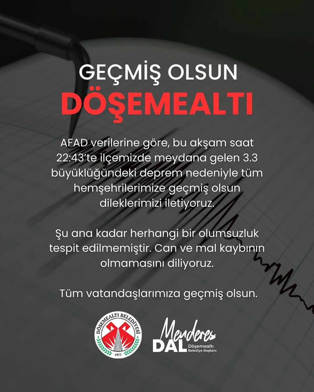 Döşemealtı'nda 3.3 Büyüklüğünde Deprem Meydana Geldi