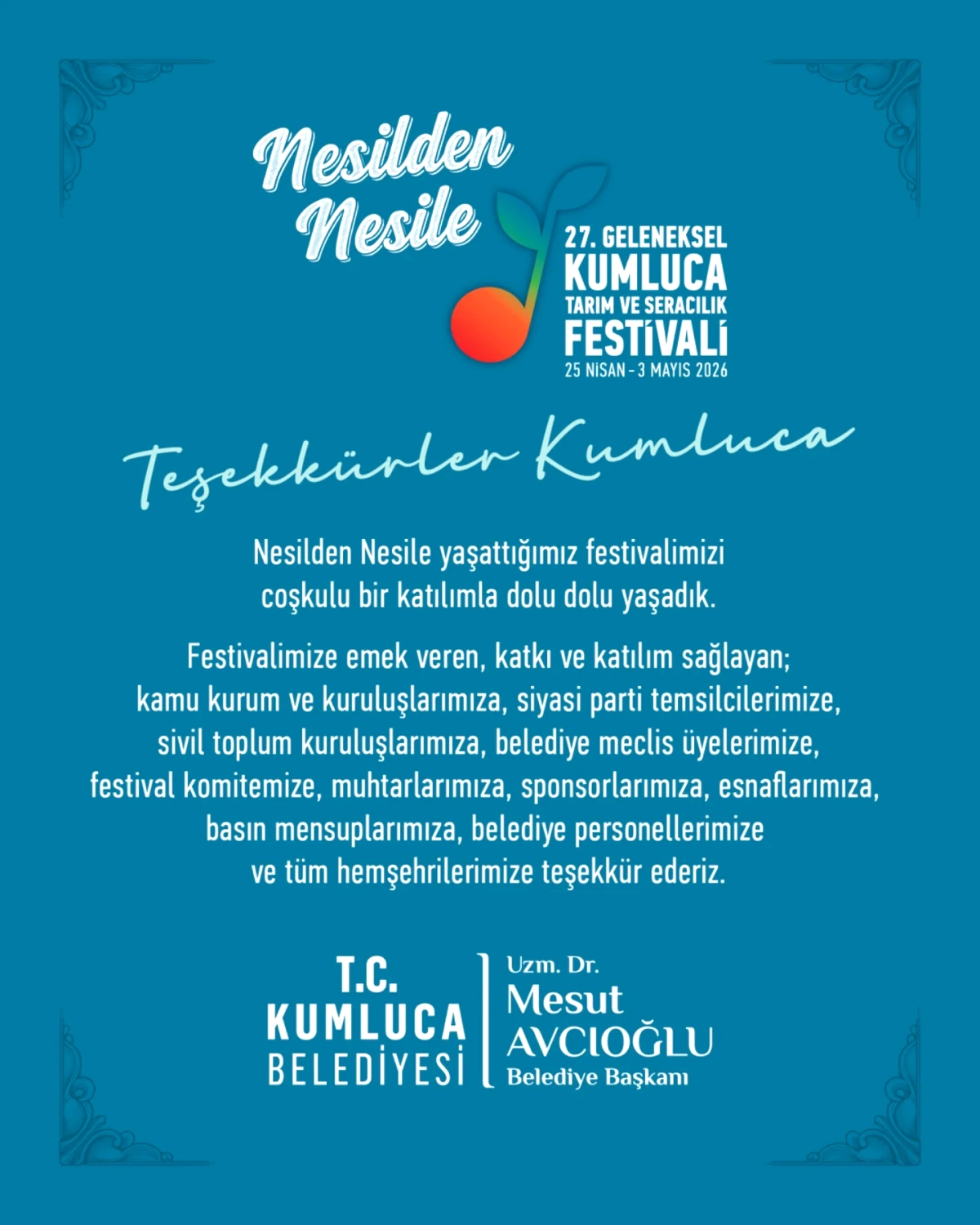 Kumluca'da 27. Geleneksel Tarım ve Seracılık Festivali Coşkuyla Yaşatıldı