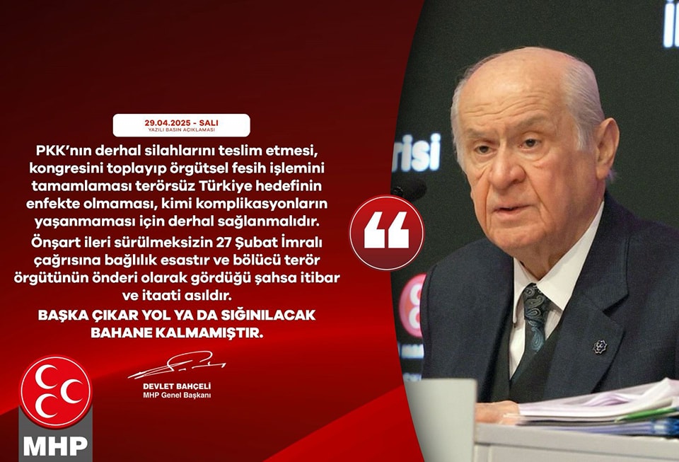 MHP Lideri Bahçeli: PKK'nın Derhal Silahları Teslim Etmesi Şart