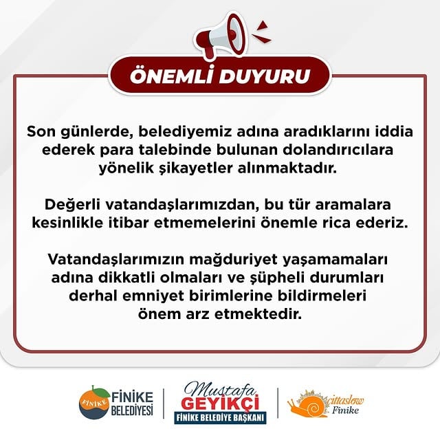 Finike Belediyesi Uyardı: Dolandırıcılara Karşı Dikkatli Olun!