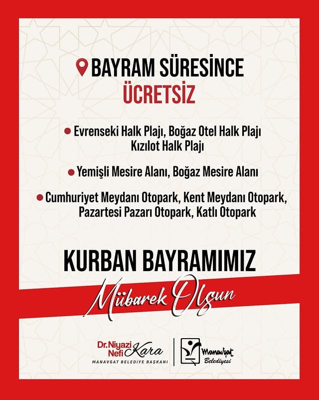 Manavgat Belediyesi Bayramda Halk Plajları ve Otoparkları Ücretsiz Yapıyor