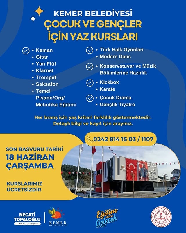 Antalya Kemer'de Çocuk ve Gençler İçin Ücretsiz Yaz Kursları Başlıyor