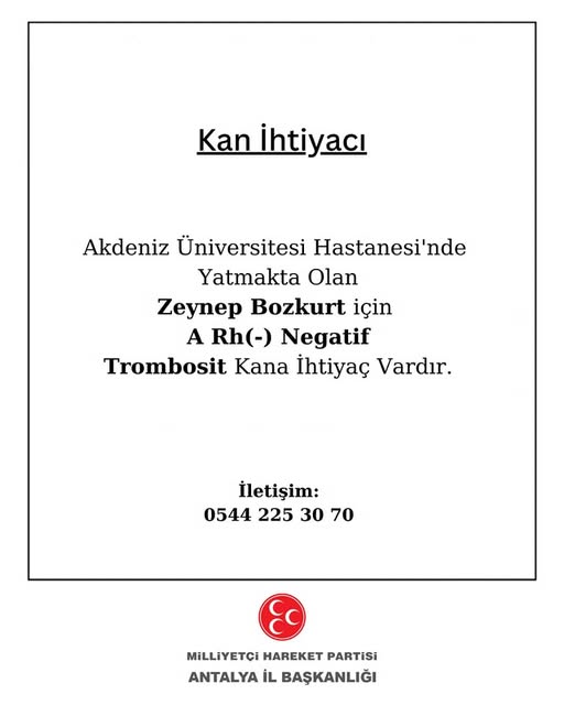 Antalya'da Acil Kan İhtiyacı: A Rh Negatif Trombosit Aranıyor