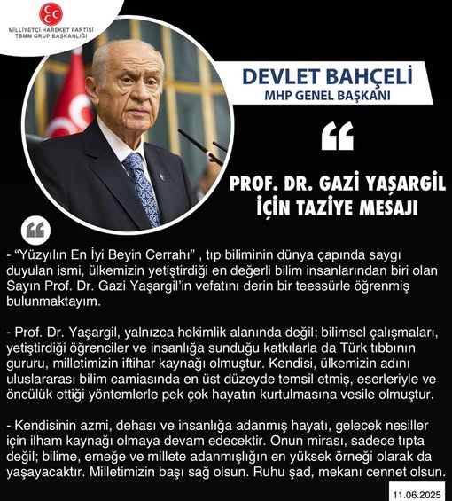 MHP Antalya İl Başkanlığı'ndan Gazi Yaşargil İçin Taziye Mesajı