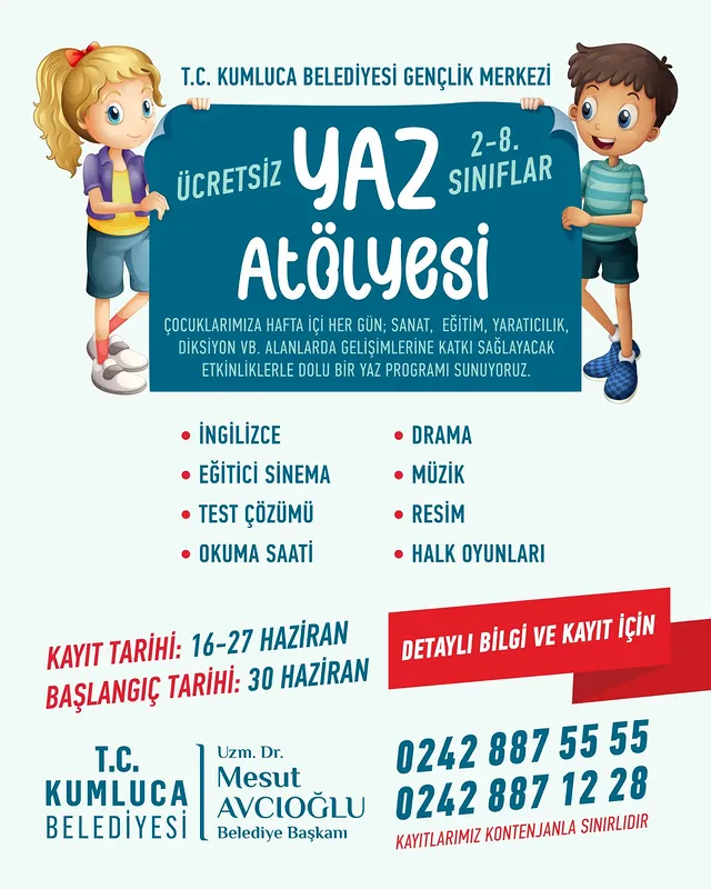 Antalya Kumluca Belediyesi'nden 8. Sınıf Öğrencilerine Ücretsiz Yaz Atölyesi