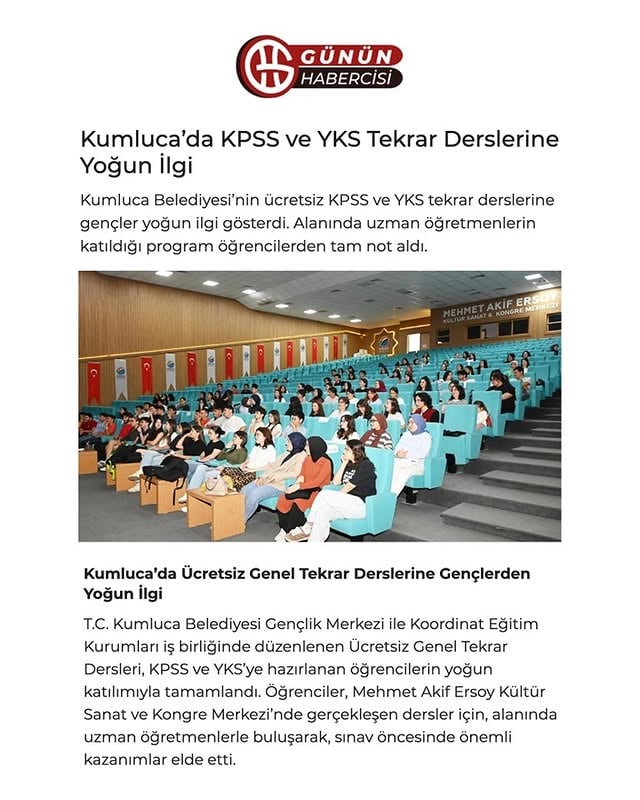 Kumluca Belediyesi Gençlik Merkezi'nden KPSS ve YKS'ye Hazırlanan Gençlere Ücretsiz Destek