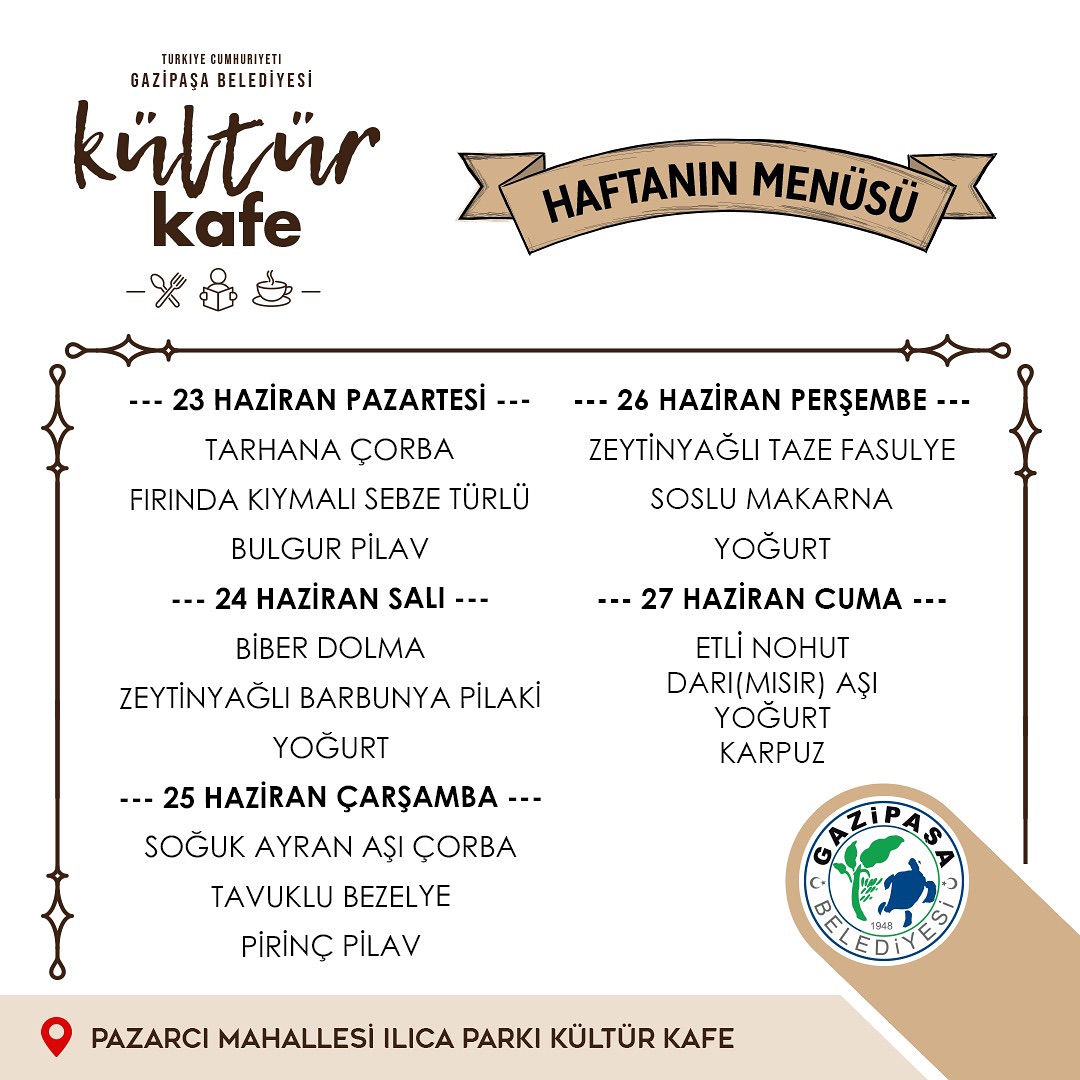 Gazipaşa Belediyesi Kültür Kafede Haftanın Menüsü Açıklandı