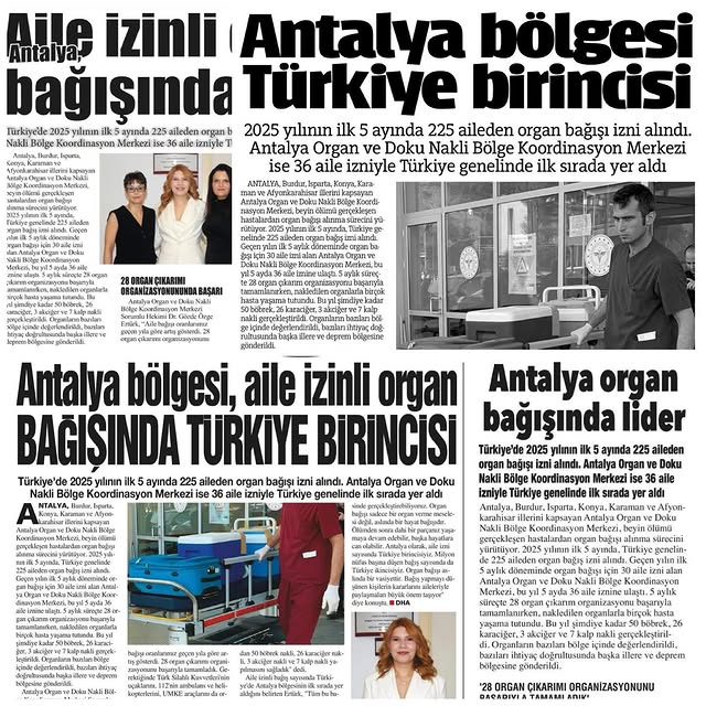 Antalya Aile İzinli Organ Bağışında Türkiye Birincisi Oldu