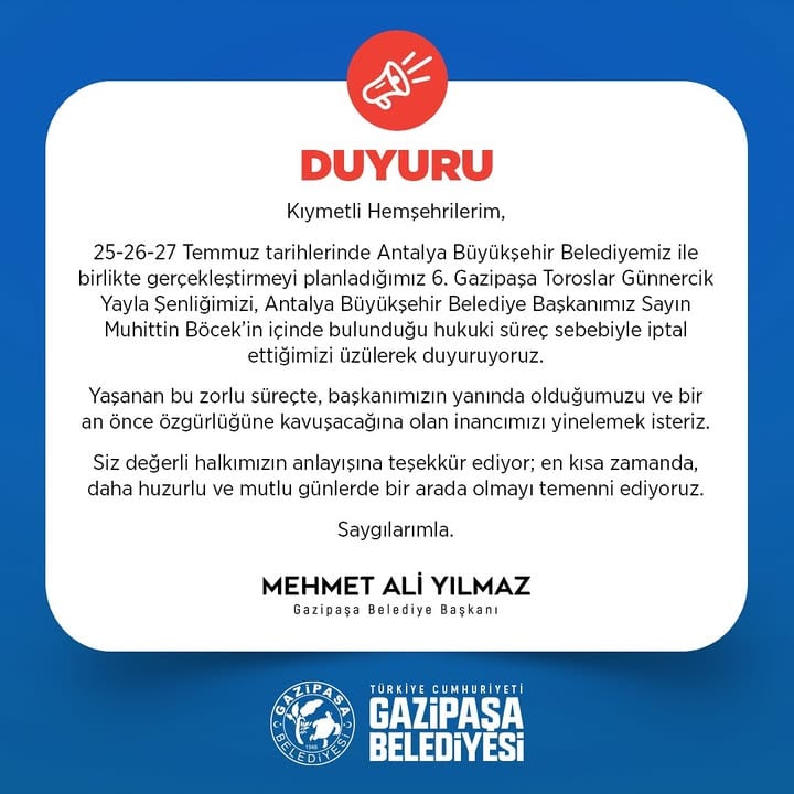 Gazipaşa Belediyesi Toroslar Günleri Etkinliği İptal Edildi