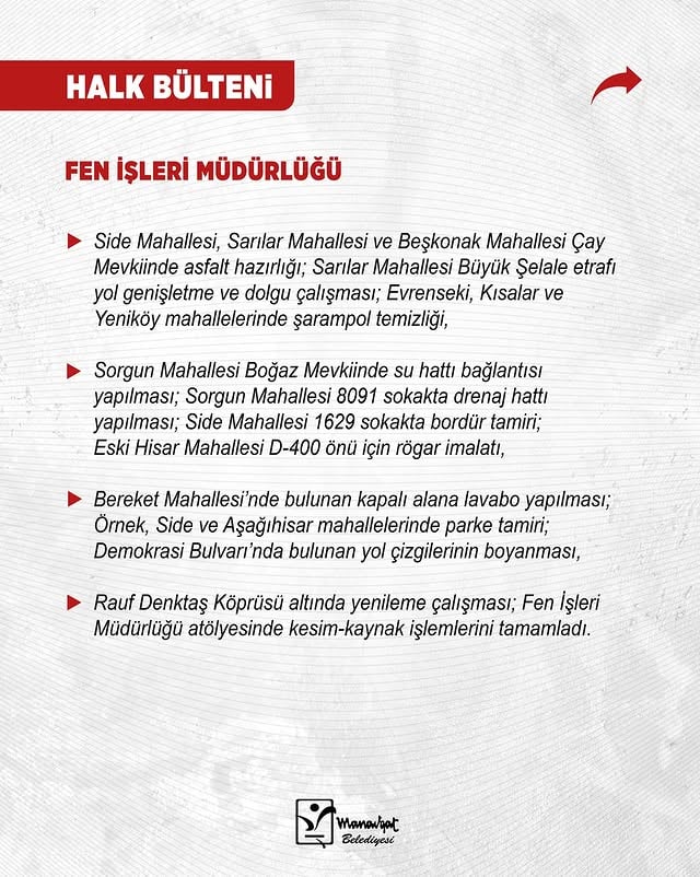 Manavgat Belediyesi Fen İşleri Müdürlüğü Çalışmaları Sürüyor