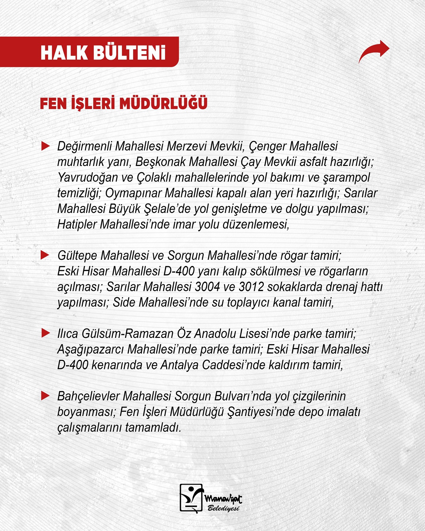 Manavgat Belediyesi Fen İşleri Müdürlüğü Çalışmaları Sürüyor