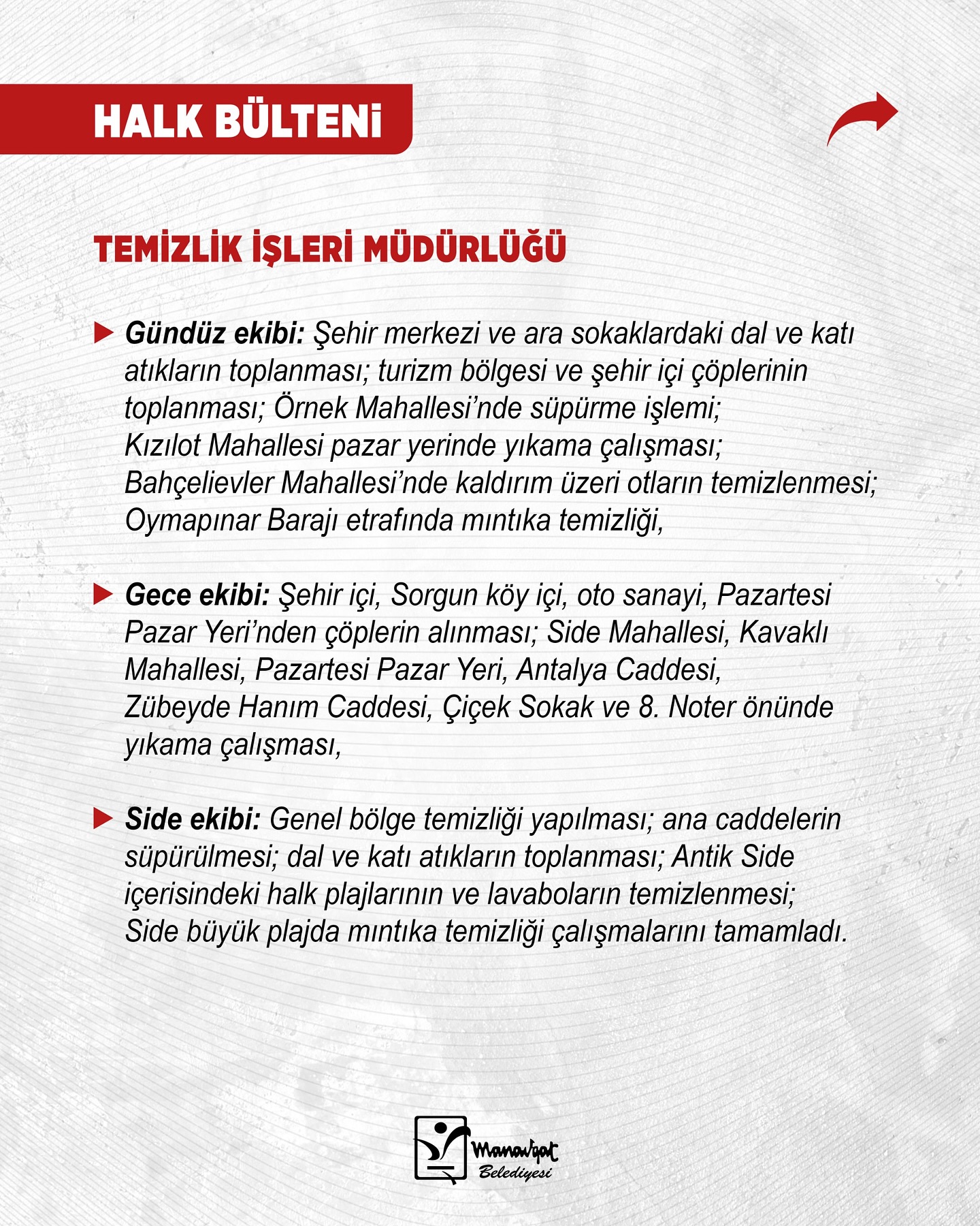 Manavgat Belediyesi Temizlik İşleri Müdürlüğü'nden Halk Bülteni