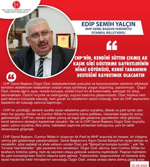 MHP'li YALÇIN: CHP'nin Kendini İyi Gösterme Çabası Tabanında Destek Kaybına Yol Açacak