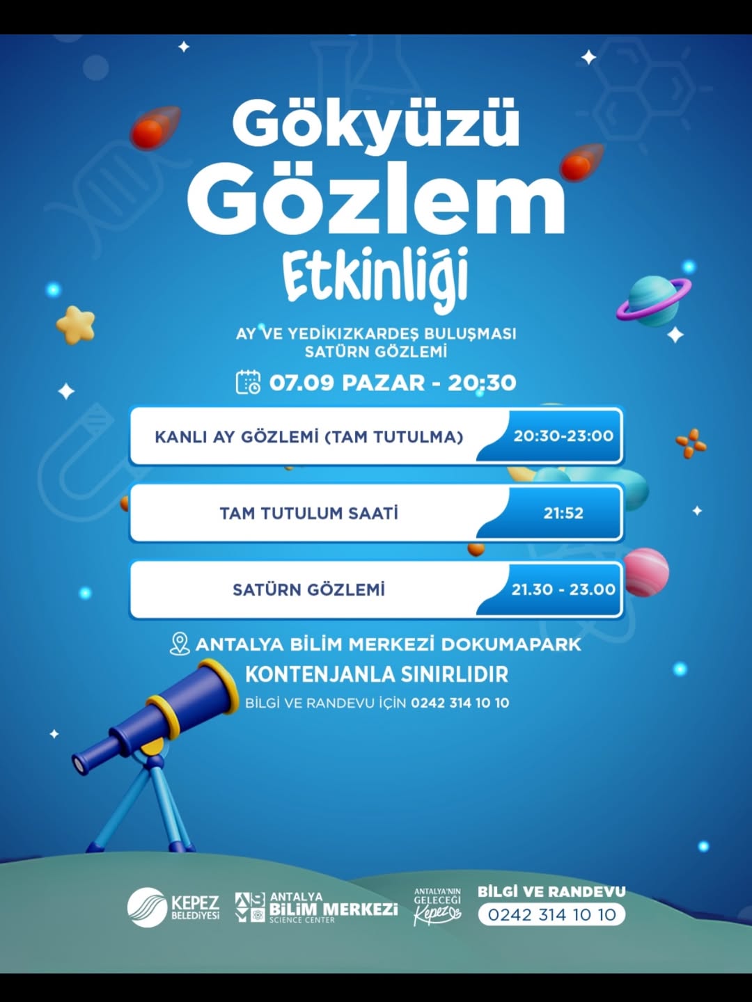Antalya'da Kanlı Ay ve Satürn Gözlem Etkinliği Düzenleniyor