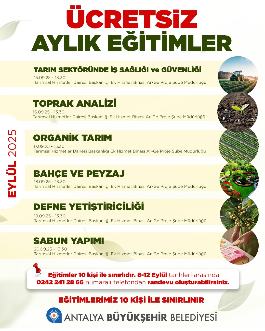 Antalya Büyükşehir Belediyesi Eylül Ayı Ücretsiz Tarım Eğitimleri Başlıyor