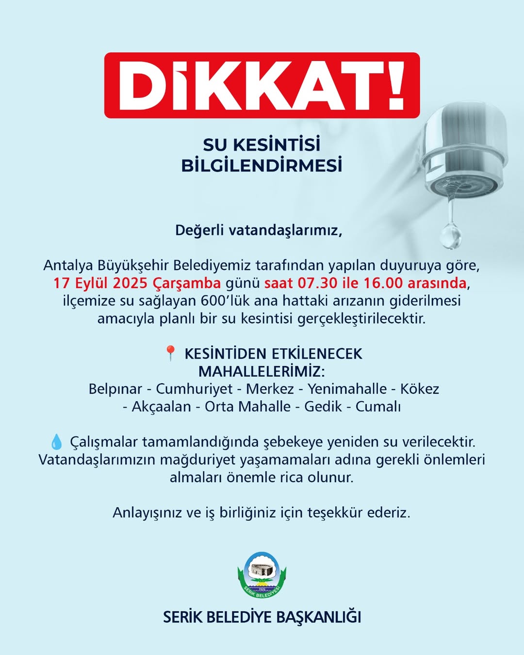 Antalya Serik'te Su Kesintisi Bilgilendirmesi