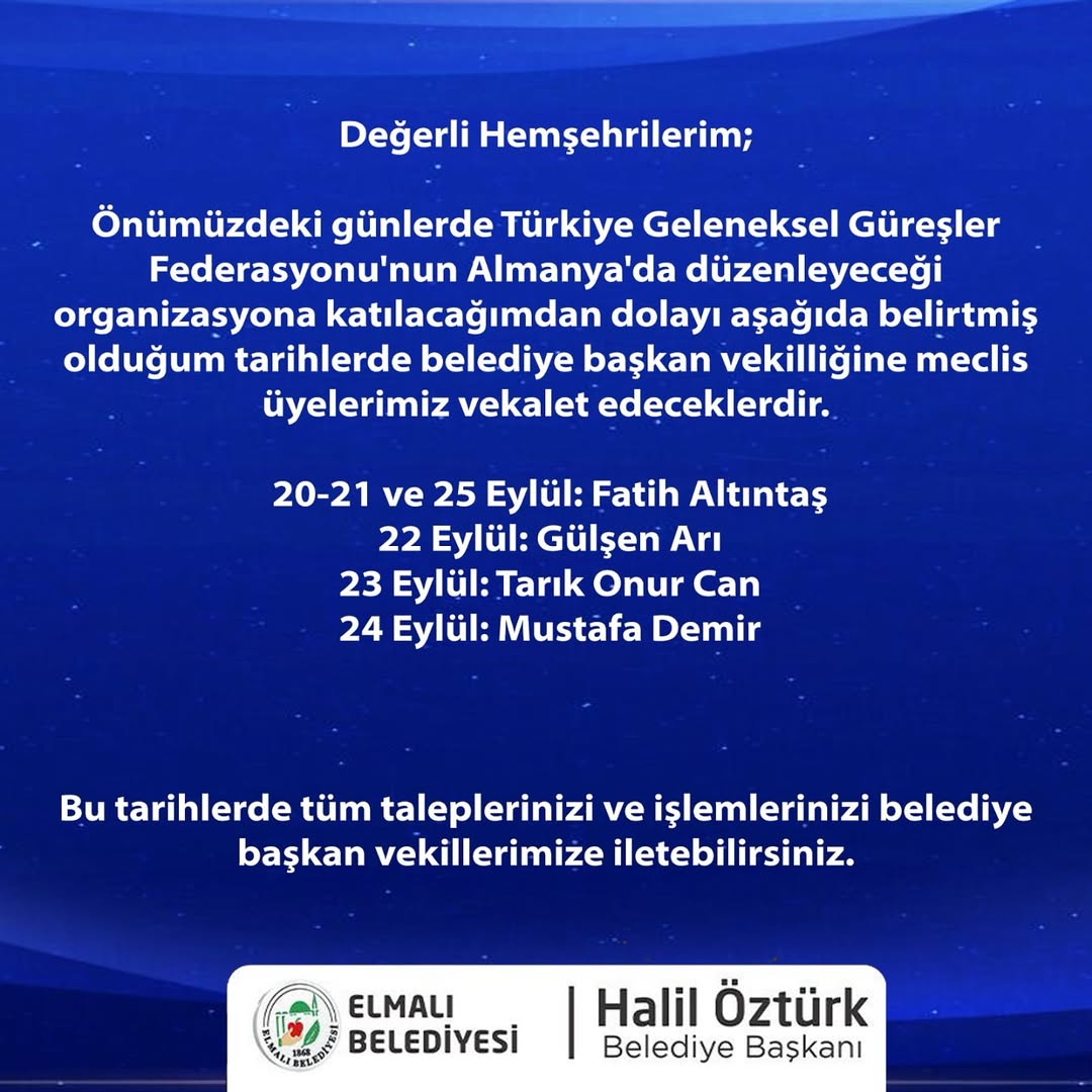 Elmalı Belediyesi Başkan Vekaleti Görevlendirmesi