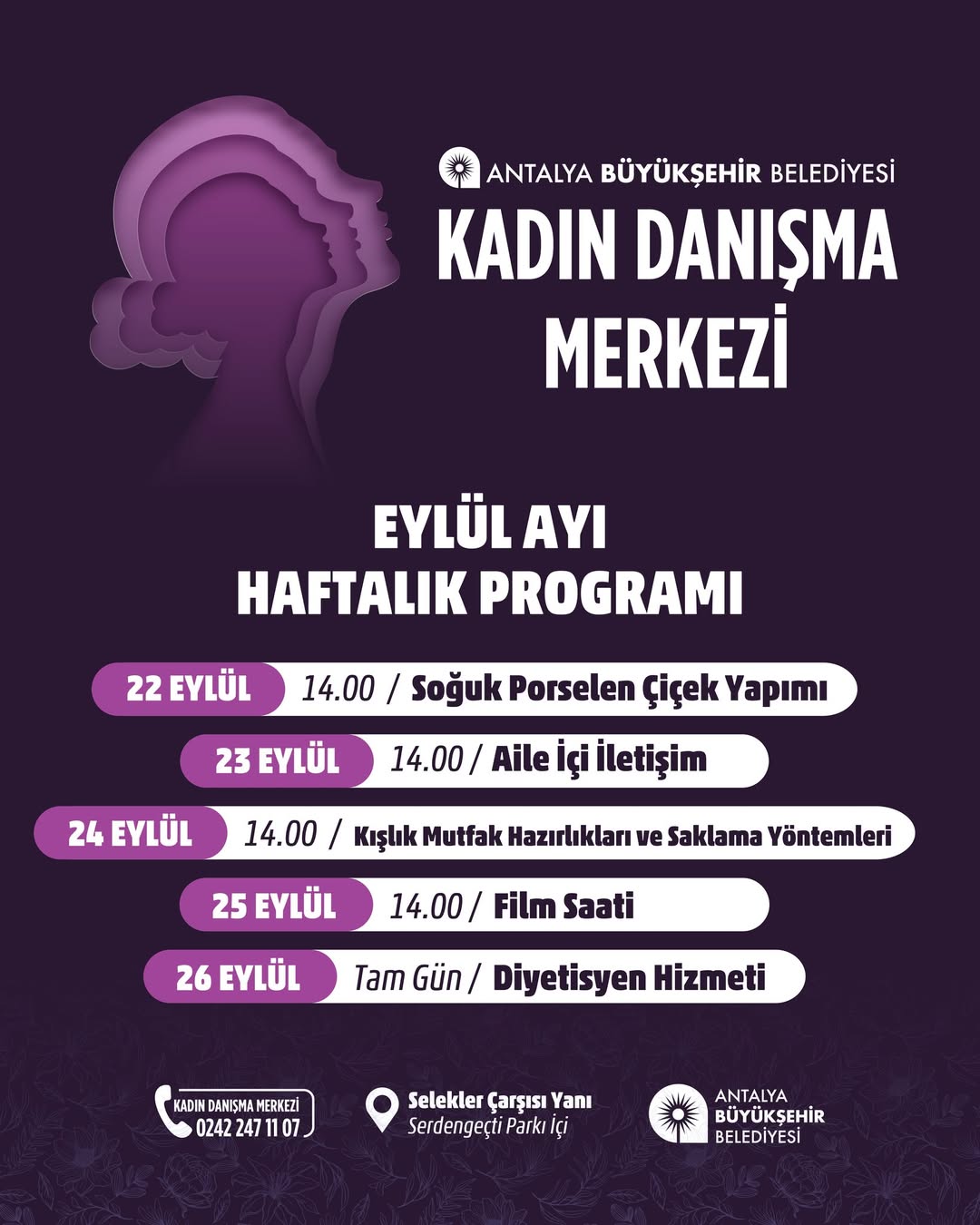 Antalya Büyükşehir Belediyesi Kadın Danışma Merkezi Haftalık Programı Açıklandı