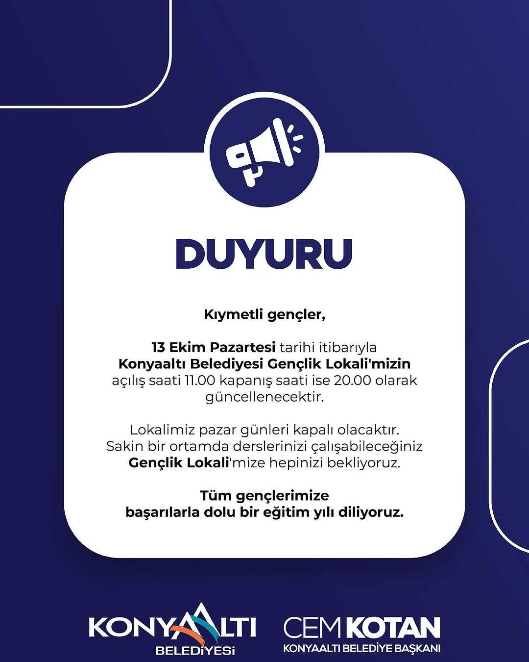 Konyaaltı Gençlik Lokali'nde Çalışma Saatleri Değişti