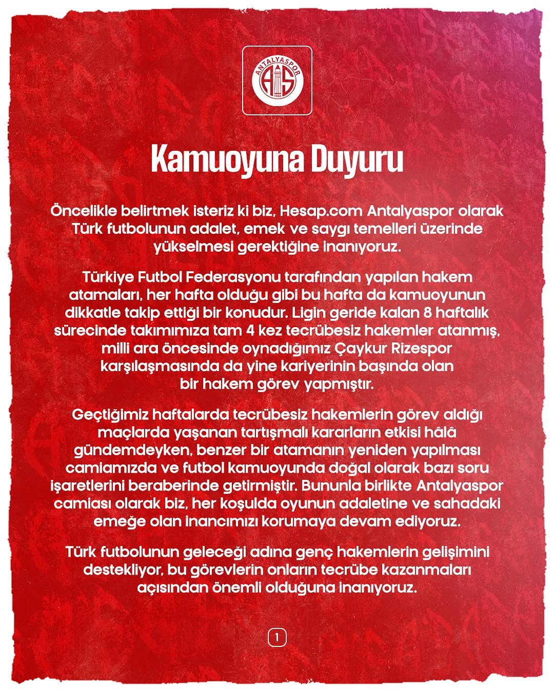 Antalyaspor'dan TFF'ye Hakem Atamaları Konusunda Kamuoyu Duyurusu
