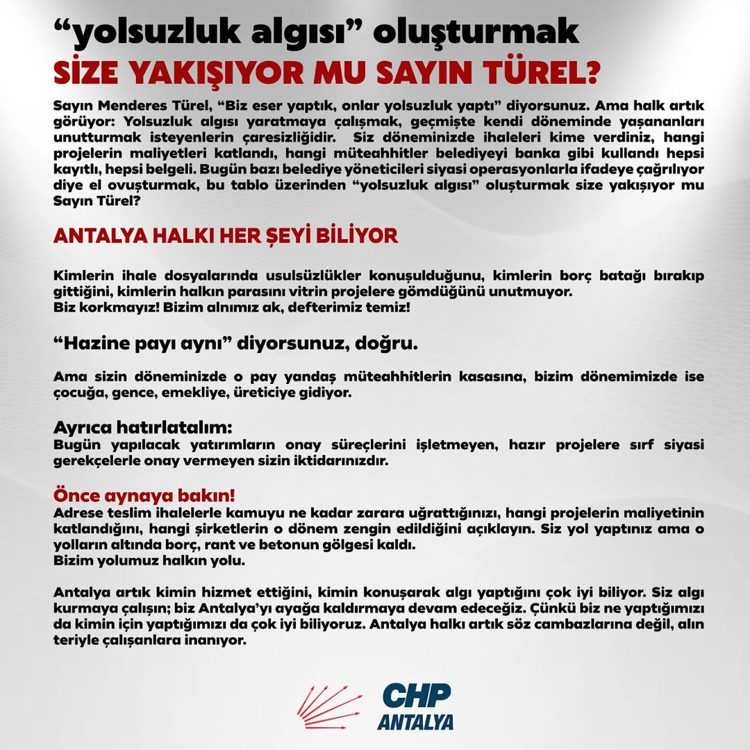 CHP'li Belediyelere Yönelik Eleştiriler ve Antalya'da Yolsuzluk Tartışmaları
