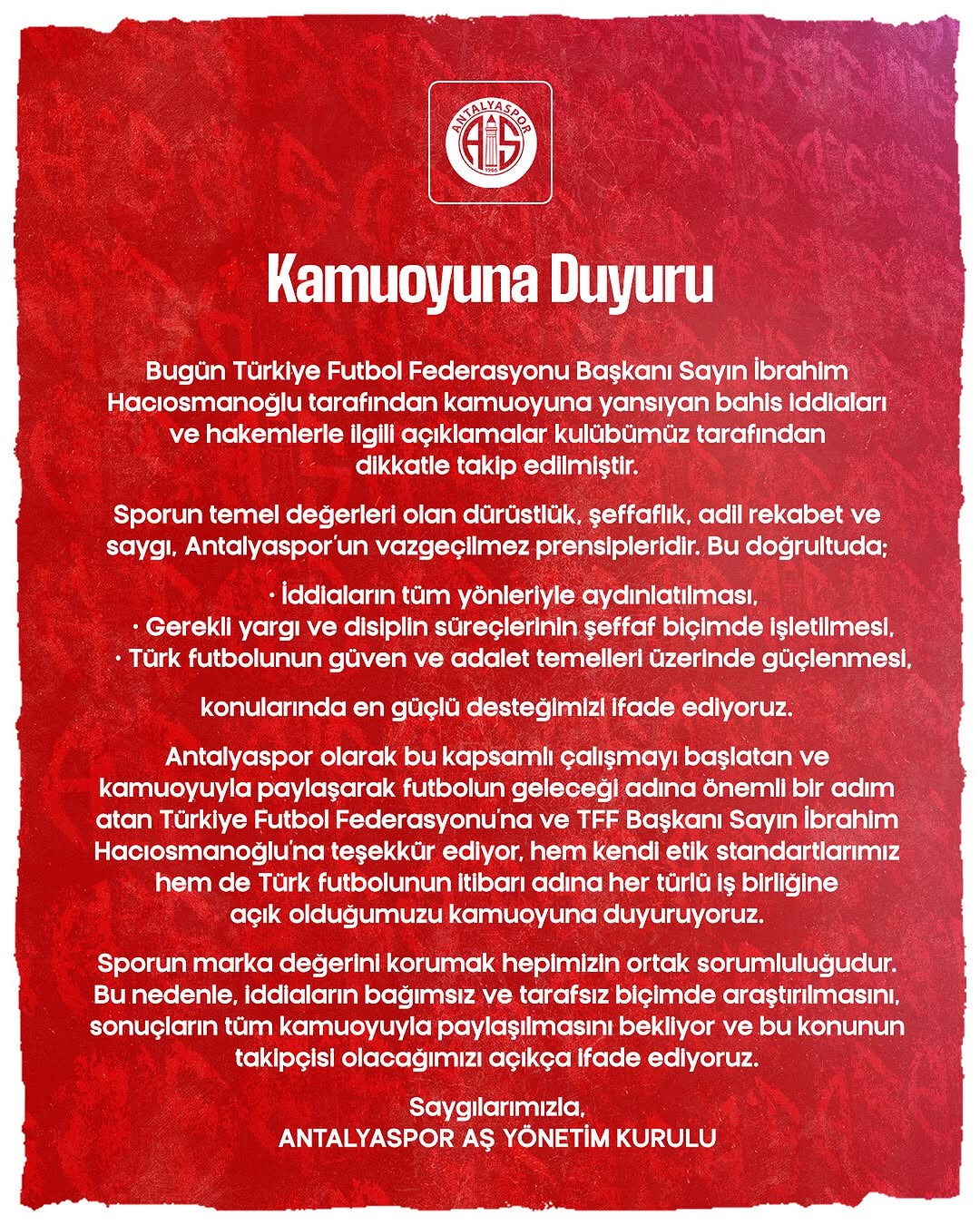 Antalyaspor, Bahis İddialarının Araştırılmasına Tam Destek Verdi