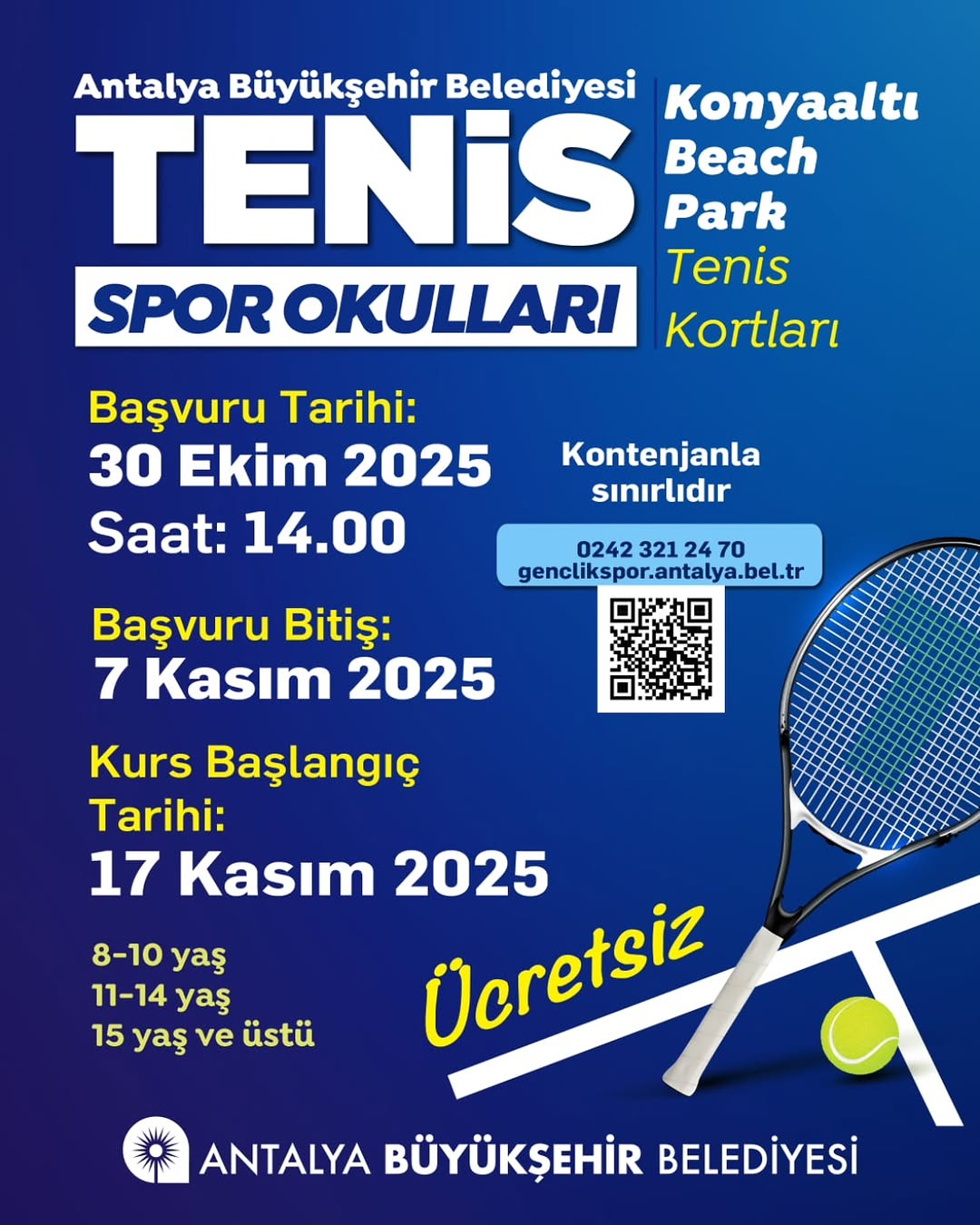 Antalya'da Ücretsiz Tenis Spor Okullarına Kayıtlar Başlıyor