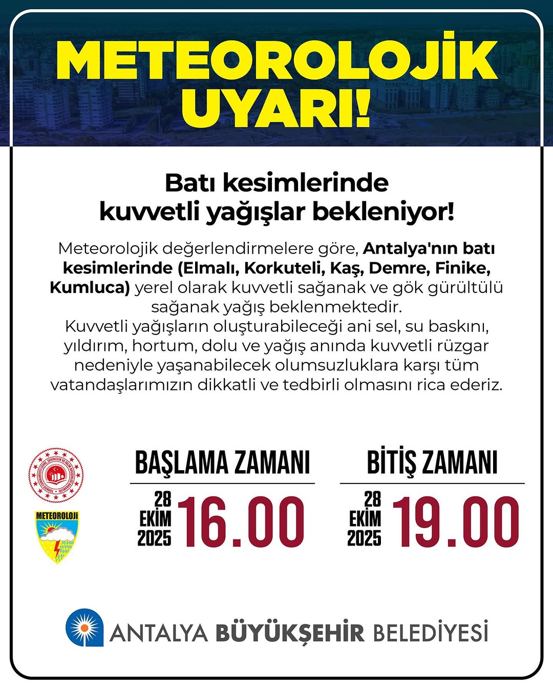 Antalya Büyükşehir Belediyesi'nden Meteorolojik Uyarı